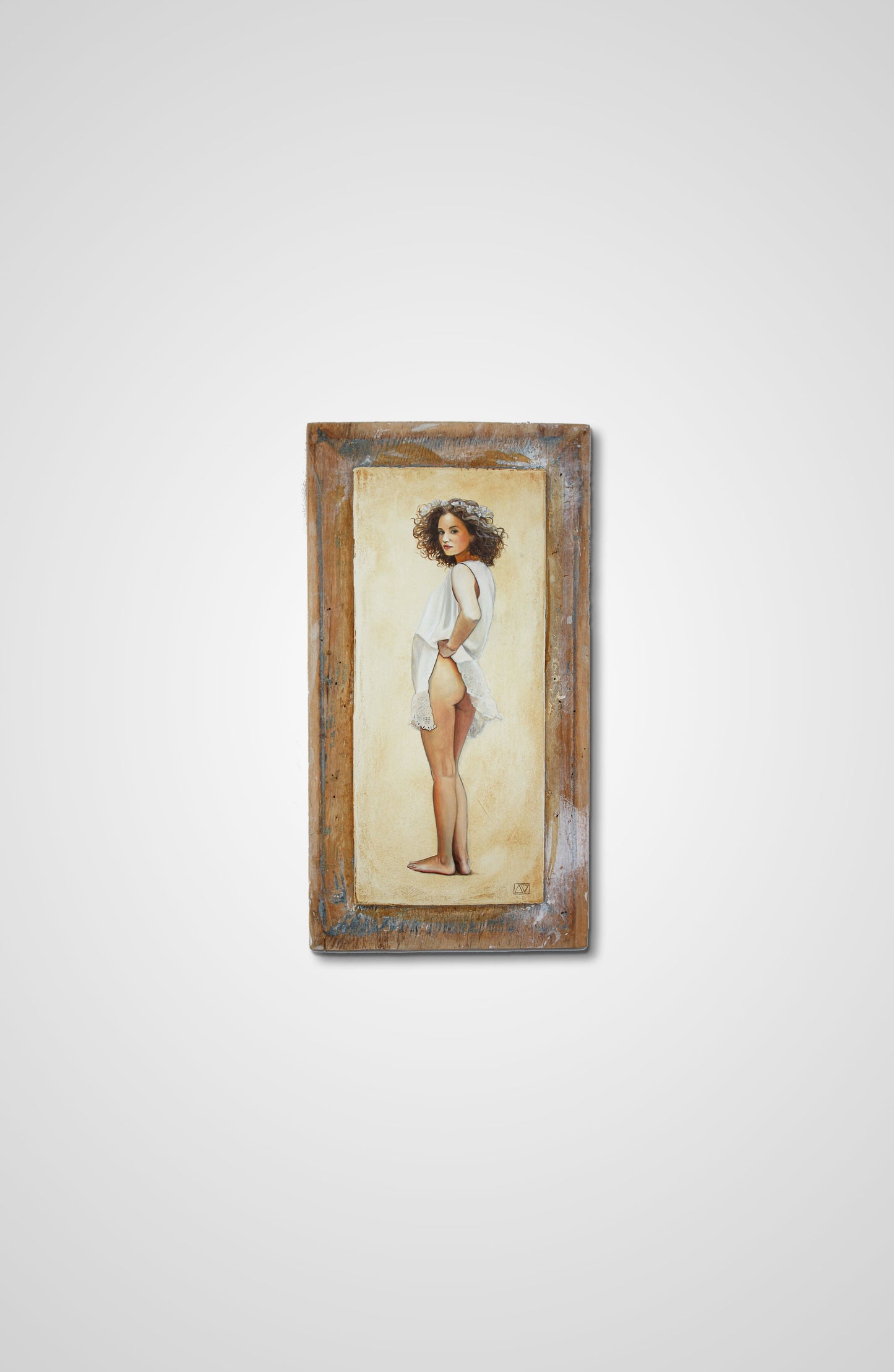 A naughty girl oil fine art wooden door women Francois AVONS artist sustainability project