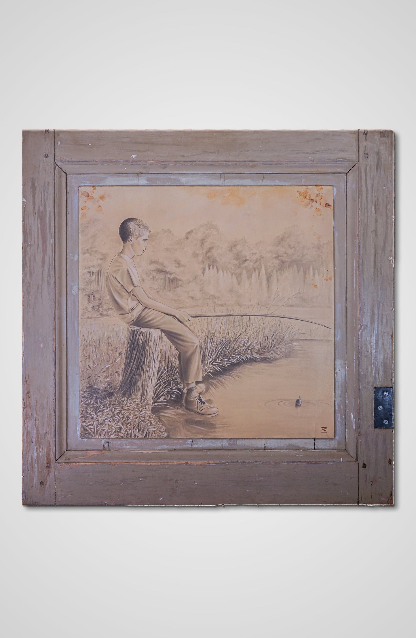 A Young Fisherman pencil fine art wooden door characters Francois AVONS found objects art