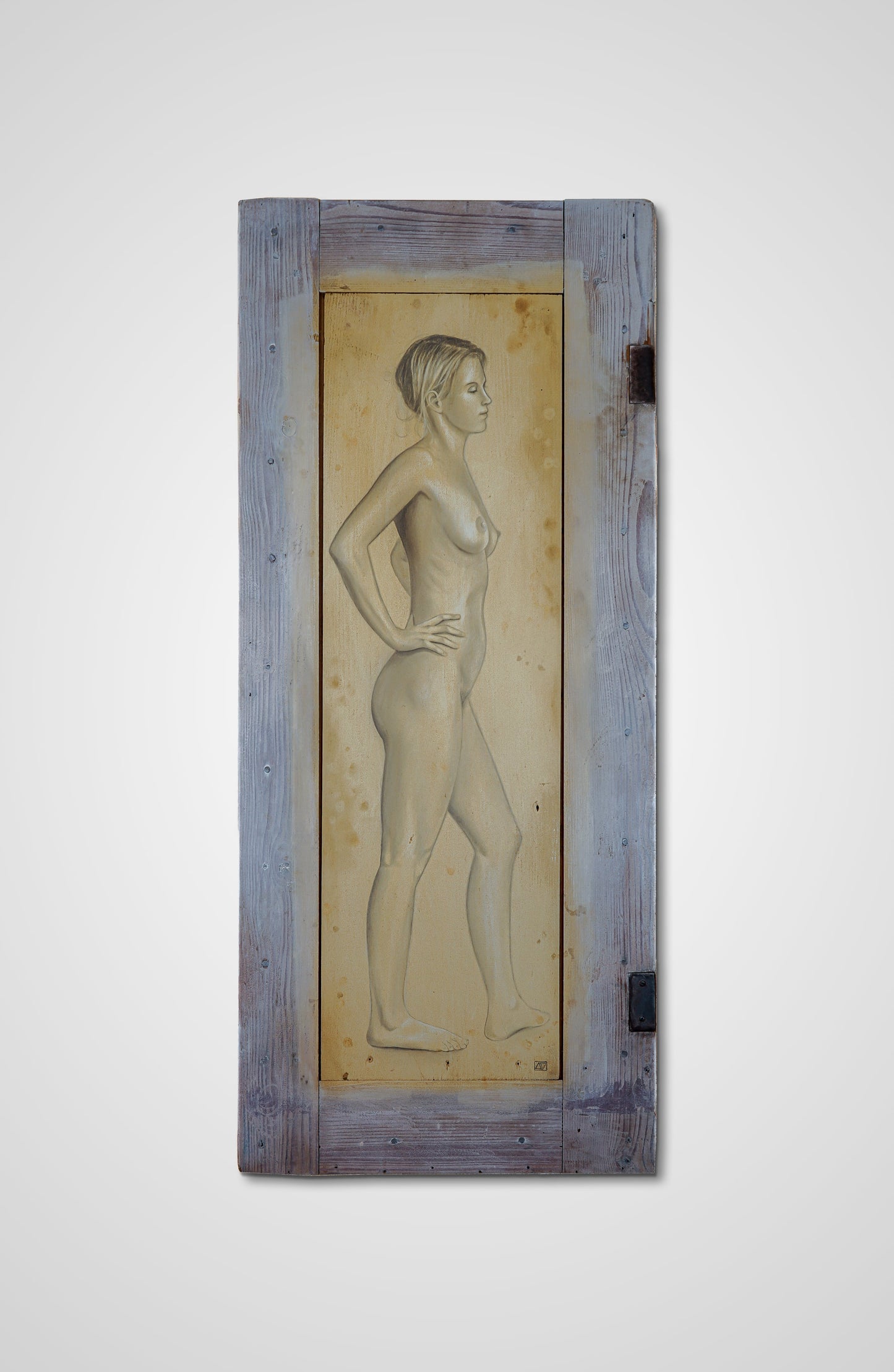Cat pencil fine art wooden door women Francois AVONS Reclaimed Materials