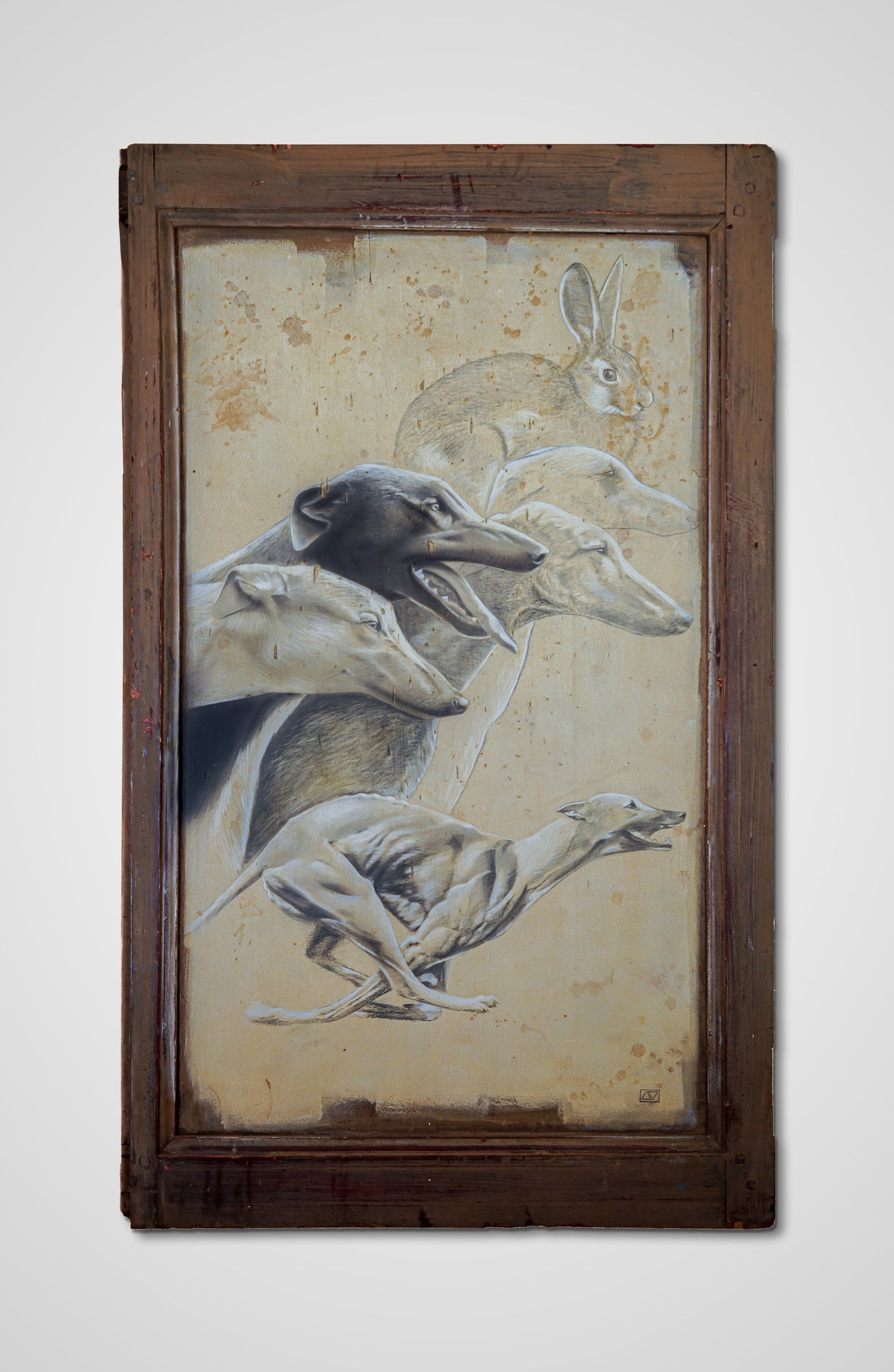 Greyhounds pencil fine art wooden door animals Francois AVONS artist sustainability network