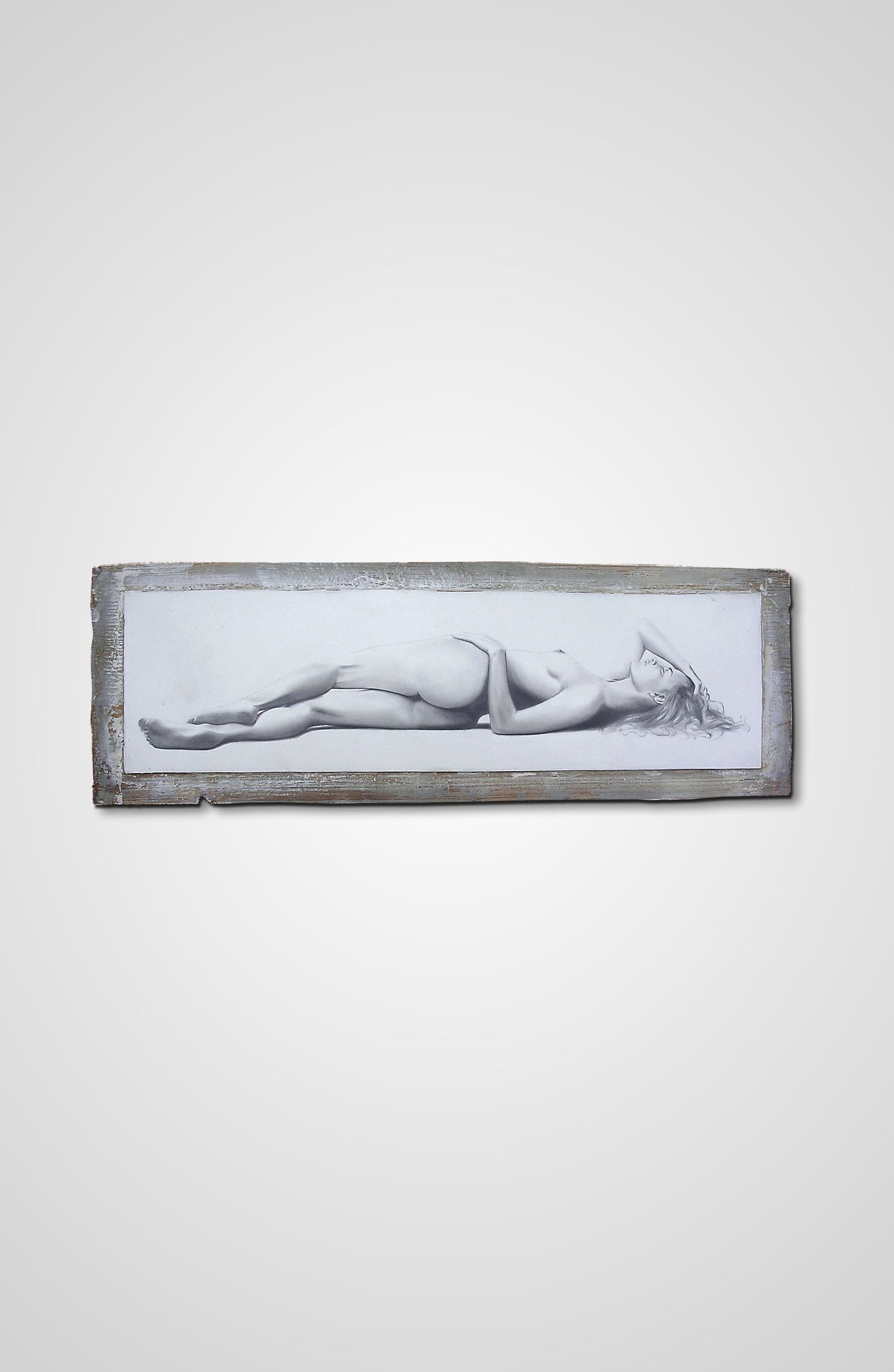 Nude reclining study pencil fine art wooden door women Francois AVONS artist sustainability project