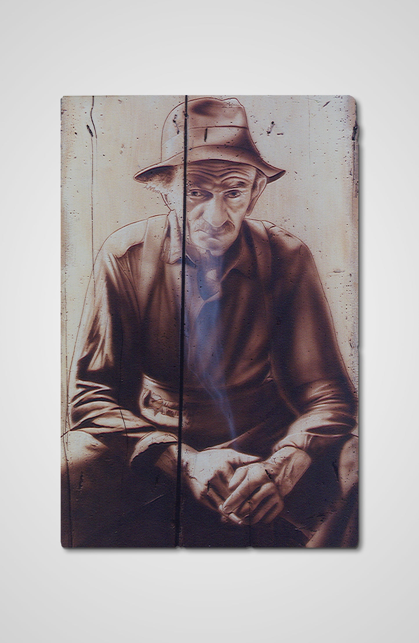 The old man smoking acrylic fine art wooden door characters Francois AVONS upcycling